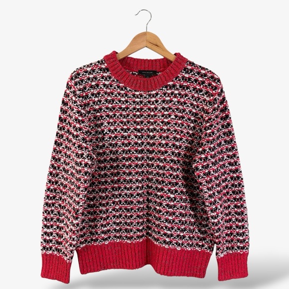 Ann Taylor Red Chunky Eyelash Knit Sweater Size XXL Black White Ribbed Casual - Picture 1 of 10